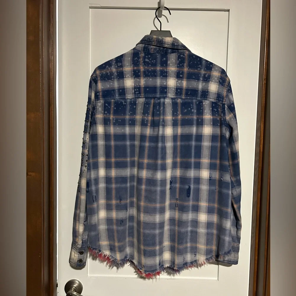 Free People Blue Plaid Deconstructed Shacket / Jacket Size Small - Picture 4 of 9
